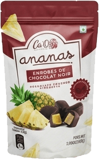 Morceaux d'ananas déshydratés enrobés de chocolat noir